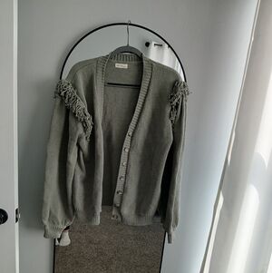 Rylee + Cru Olive Cardigan with Fringe Accents